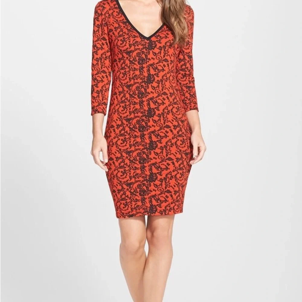 Plenty by Tracy Reese Red and Black Sheath Dress V-Neck‎ 3/4 Sleeve